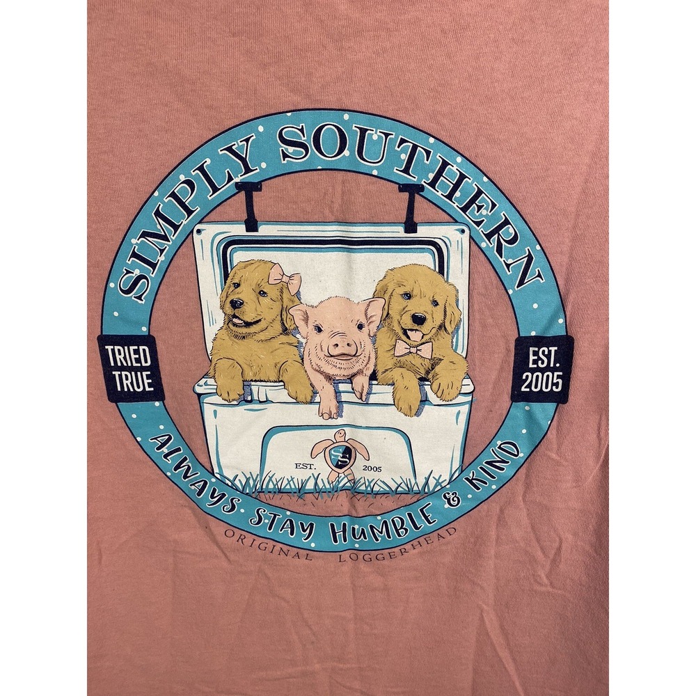 Simply Southern‎ "Always Stay Humble & Kind " Pink Medium Tee Pig Tea-cup Puppy